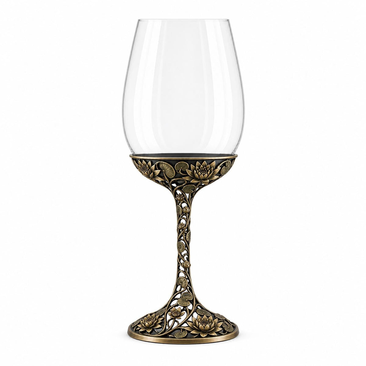 July Water Lily Wine Glass, Personalised Birth Flower, Openwork Brass Stem, Custom Etched Gift