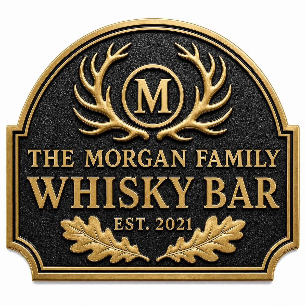 Personalized Home Bar Sign – Antique Brass Crossed Antlers
