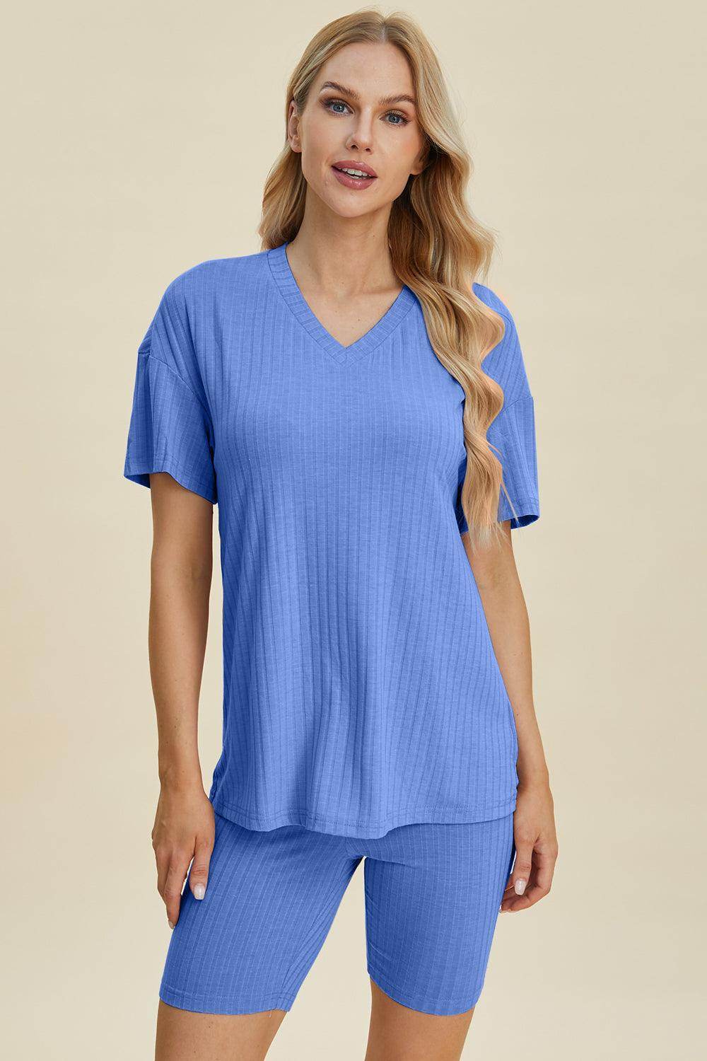 Basic Bae Full Size Ribbed V-Neck Top and Shorts Set For Women - n/a at Dealshubindia
