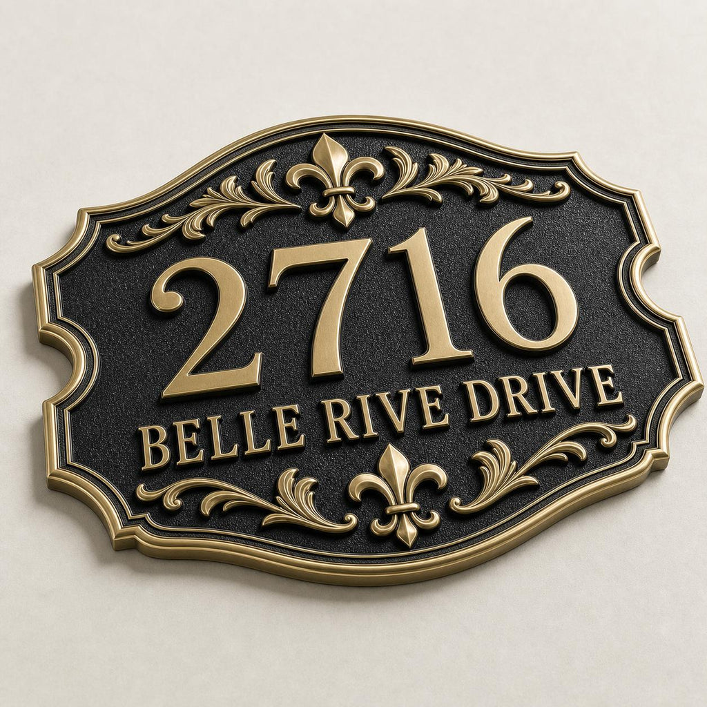 Personalized Address Plaque – Antique Brass Fleur-de-Lis Cartouche