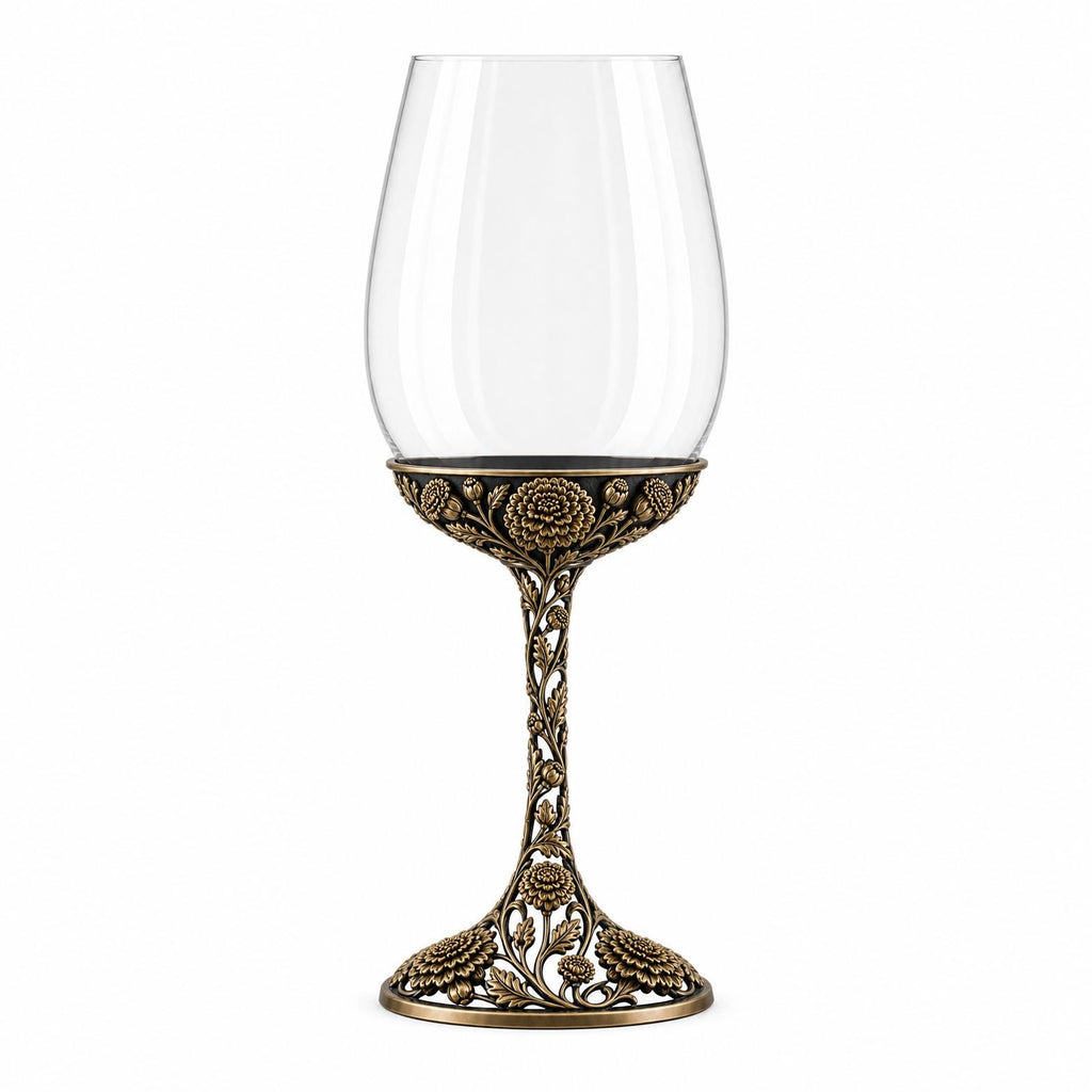 October Marigold Wine Glass, Personalised Birth Flower, Openwork Brass Stem, Custom Etched Gift