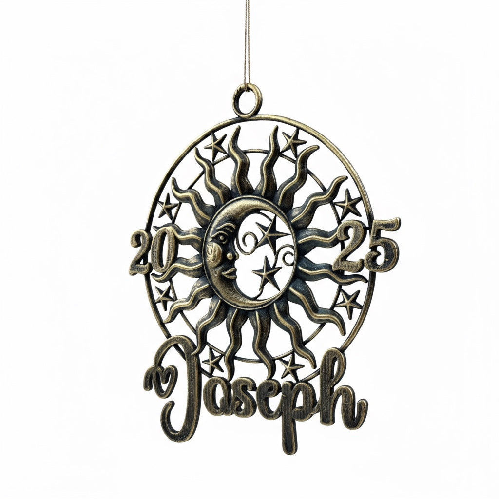 Personalized sun and moon christmas ornament set | metallic holiday decor in gold, silver or antique | set of 2 or 4