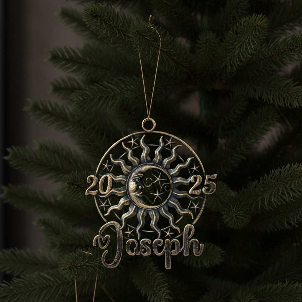 Personalized sun and moon christmas ornament set | metallic holiday decor in gold, silver or antique | set of 2 or 4