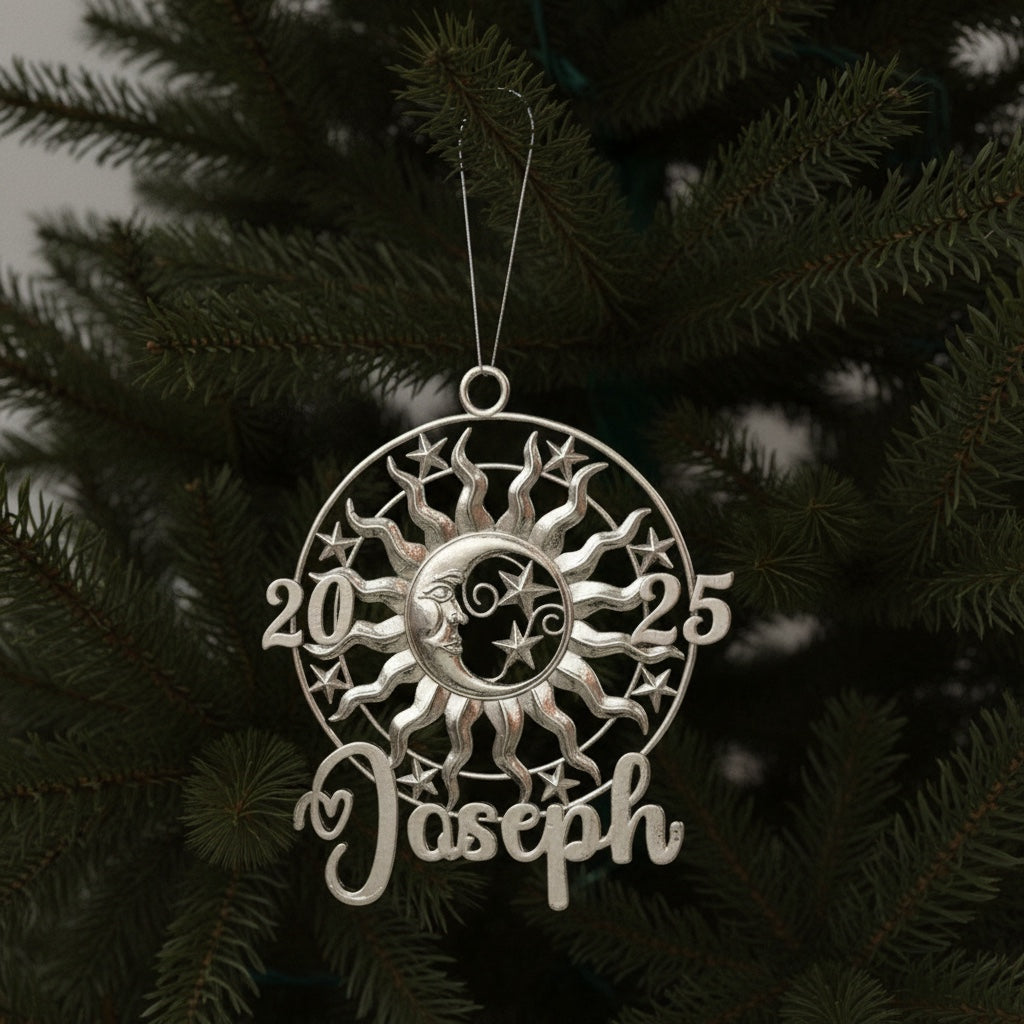 Personalized sun and moon christmas ornament set | metallic holiday decor in gold, silver or antique | set of 2 or 4