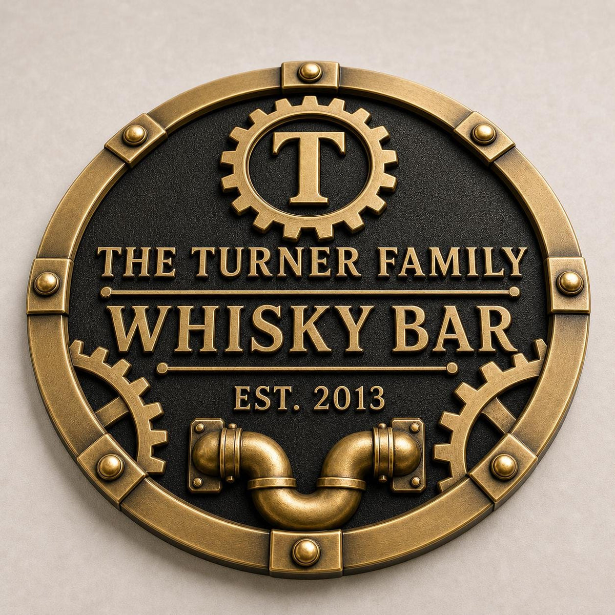 Personalized Home Bar Sign – Antique Brass Gear and Pipe, Round