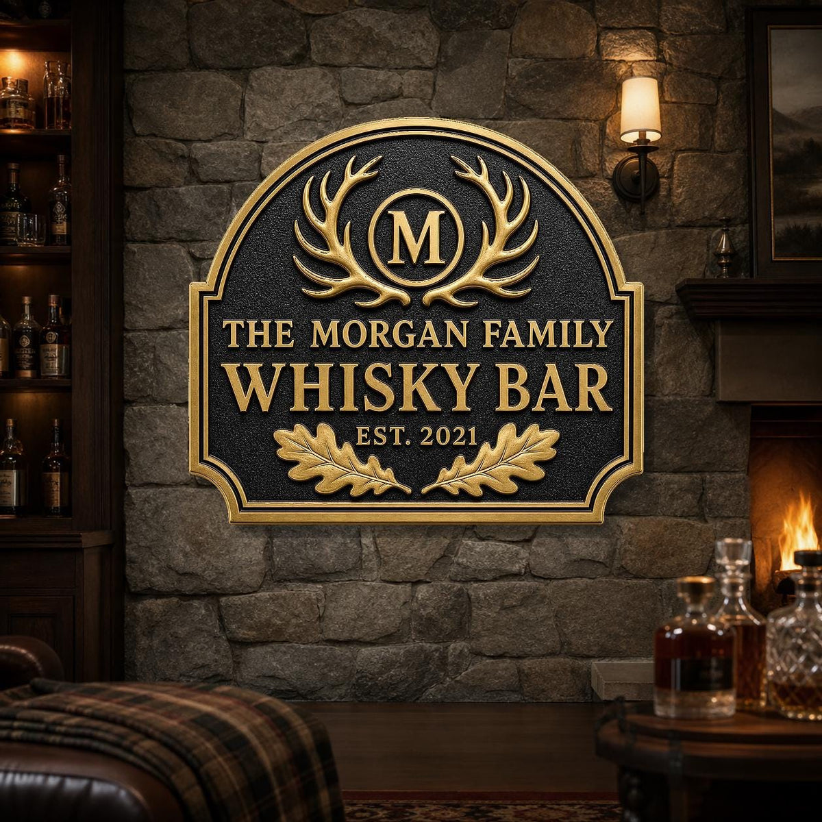 Personalized Home Bar Sign – Antique Brass Crossed Antlers