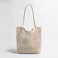 Diamond Pointelle Woven Tote Bag – Chunky Cotton Rope Beach Bag with Leather Handles - Totes at Dealshubindia
