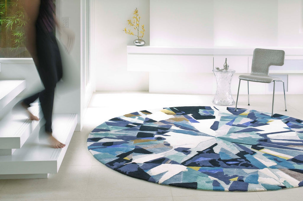Hand Tufted Diamond Facet Round Wool Rug | Teal, Navy & Ivory | Dyvea by Rugfine
