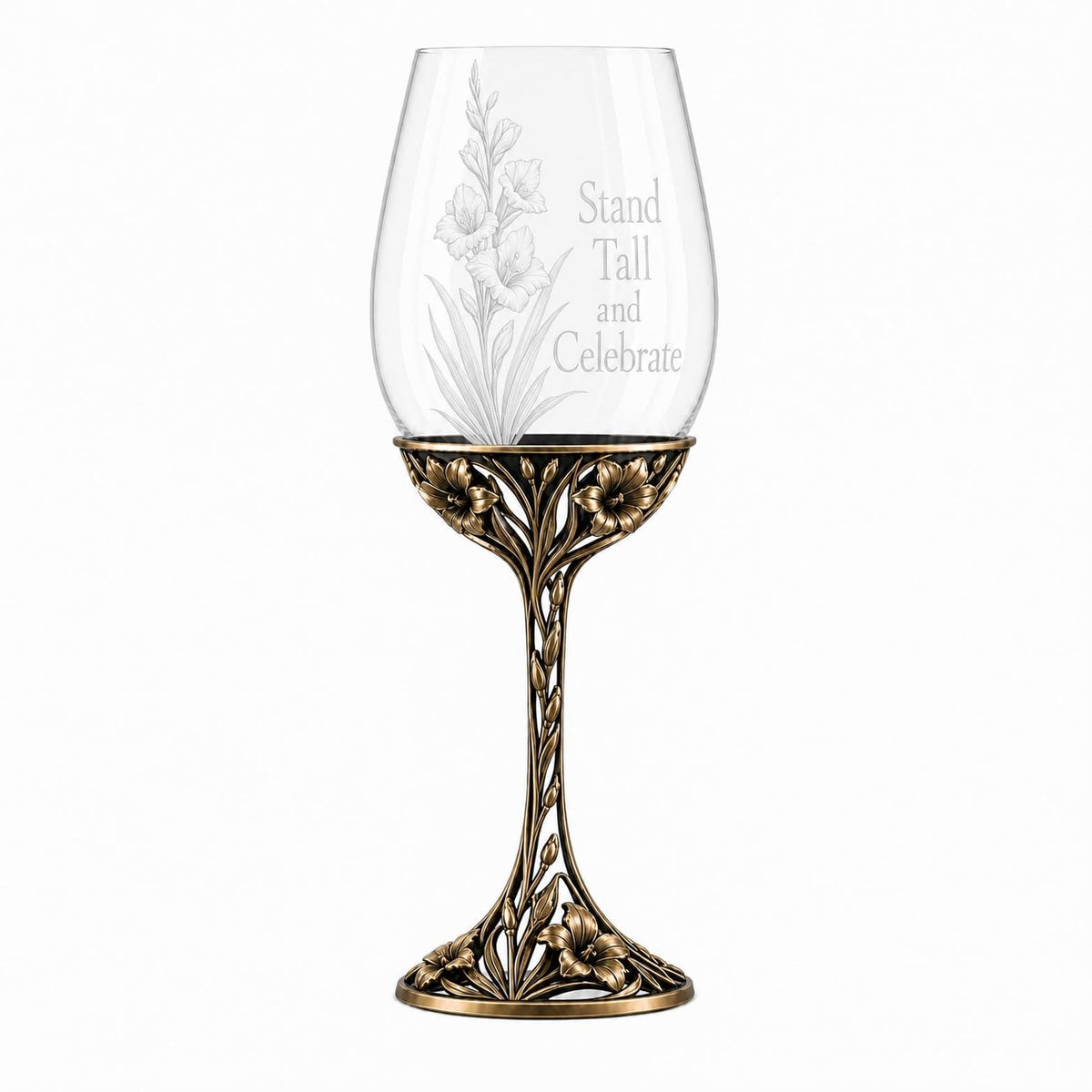 August Gladiolus Wine Glass, Personalised Birth Flower, Openwork Brass Stem, Custom Etched Gift