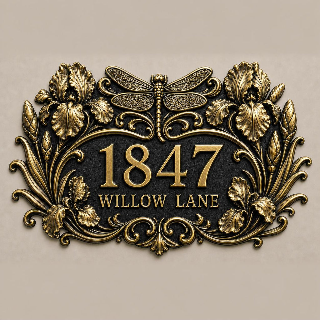 Design Your Own Custom House Number Plaque | Personalized Dragonfly Antique Brass Address Sign