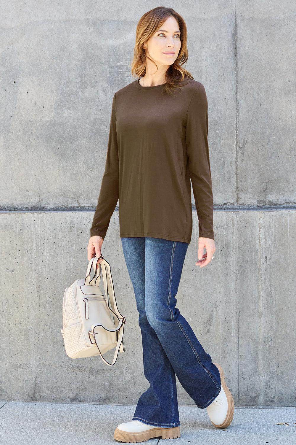 Basic Bae Full Size Round Neck Long Sleeve Top for Women - n/a at Dealshubindia
