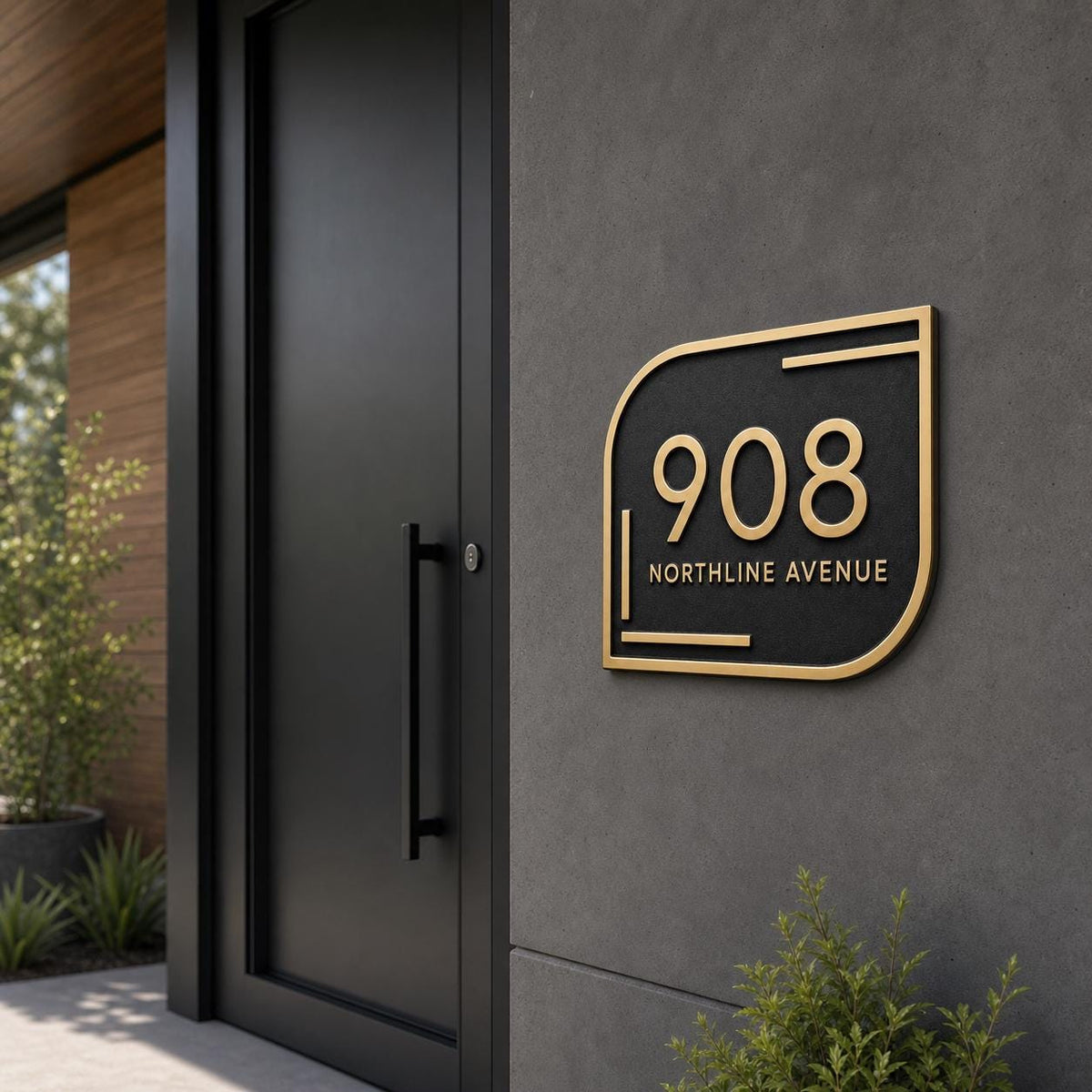 Antique brass address plaque with 908 and Northline Avenue mounted on exterior wall panel
