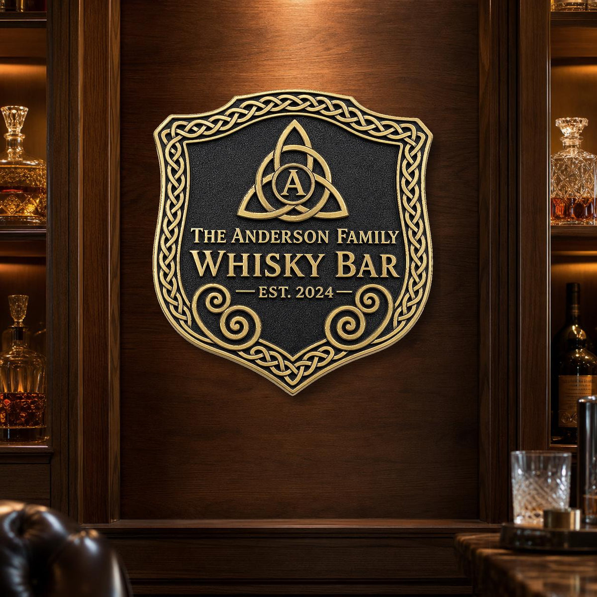 Personalized Home Bar Sign – Antique Brass Celtic Trinity Knot