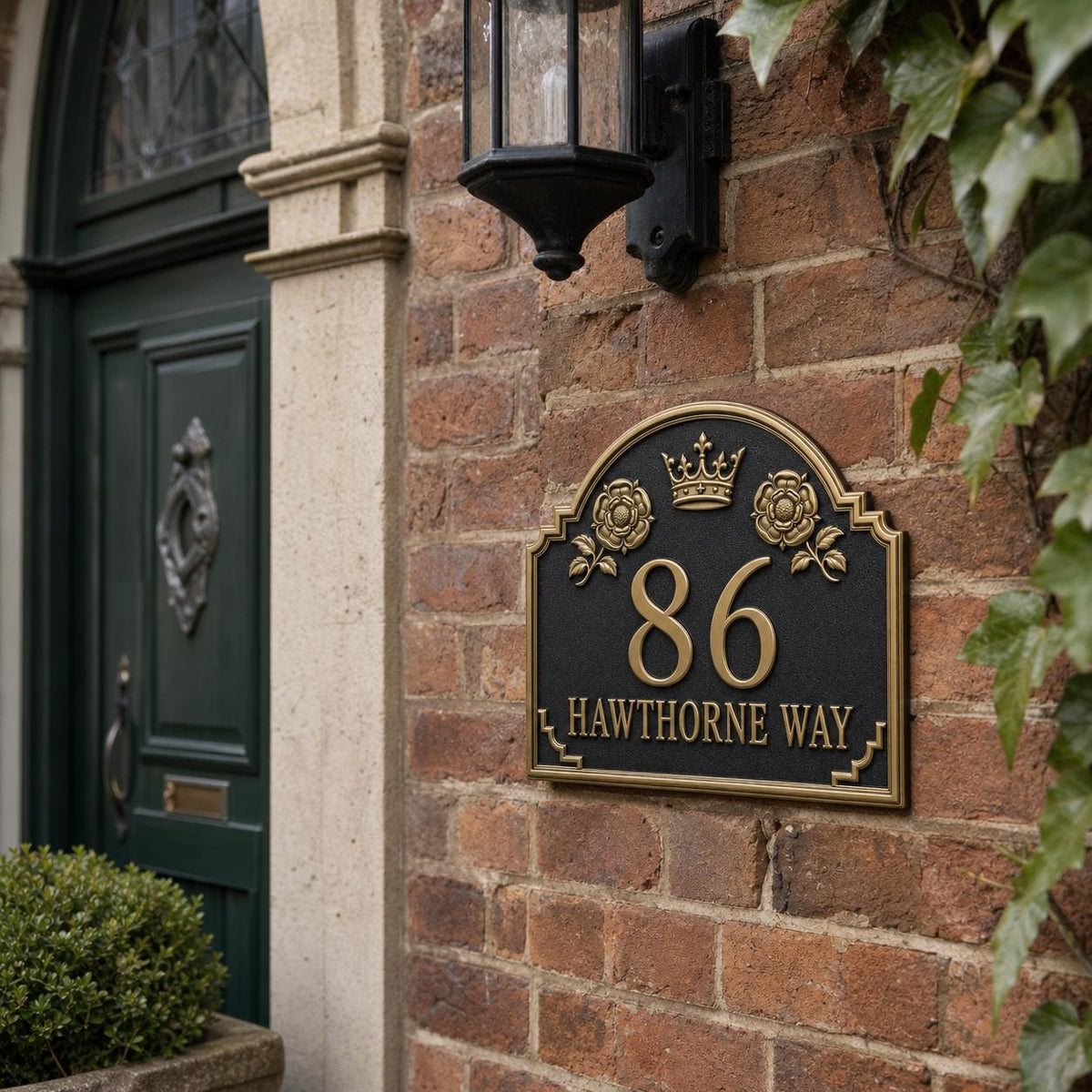 Crown and Rose Address Plaque in Antique Brass