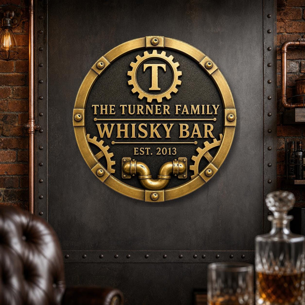 Personalized Home Bar Sign – Antique Brass Gear and Pipe, Round