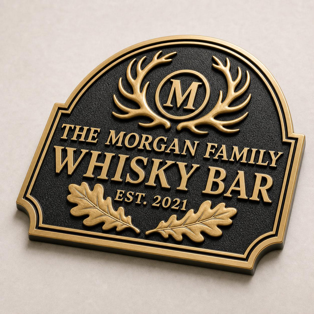Personalized Home Bar Sign – Antique Brass Crossed Antlers