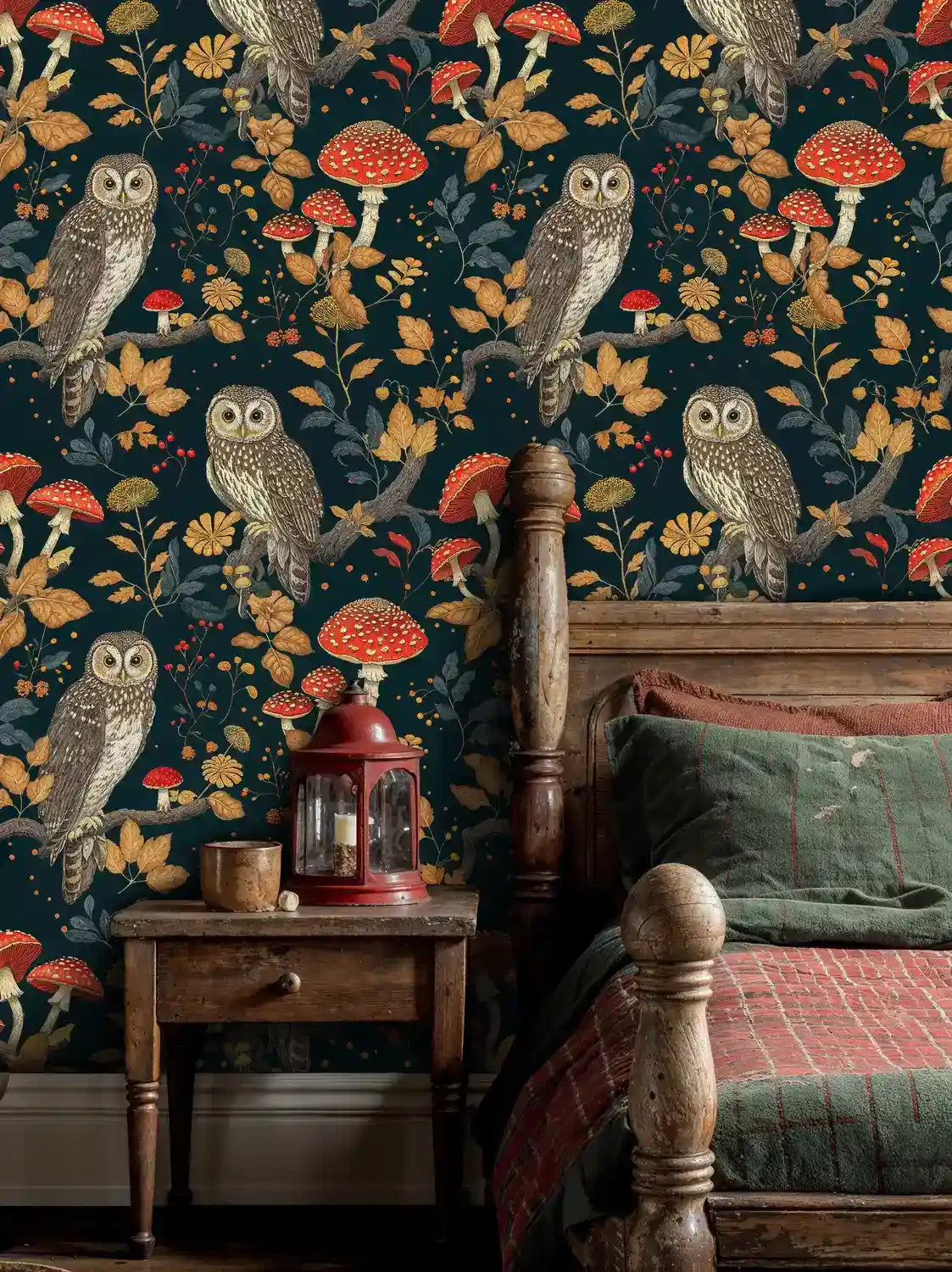 Woodland Owls and Mushrooms Wallpaper
