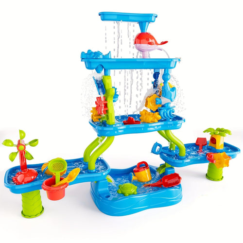 4-tier kids water and sand activity table with blue basin, green legs, toys
