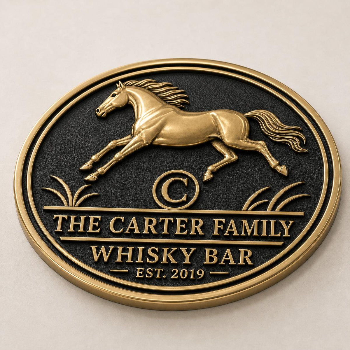 Personalized Home Bar Sign – Antique Brass Running Horse, Oval