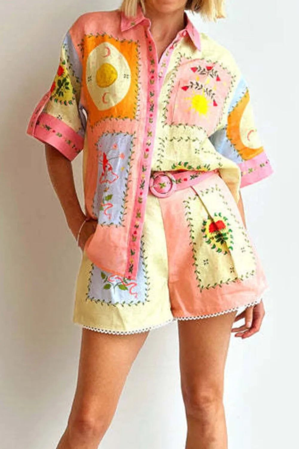 Printed Short Sleeve Shirt and Shorts Set - n/a at Dealshubindia