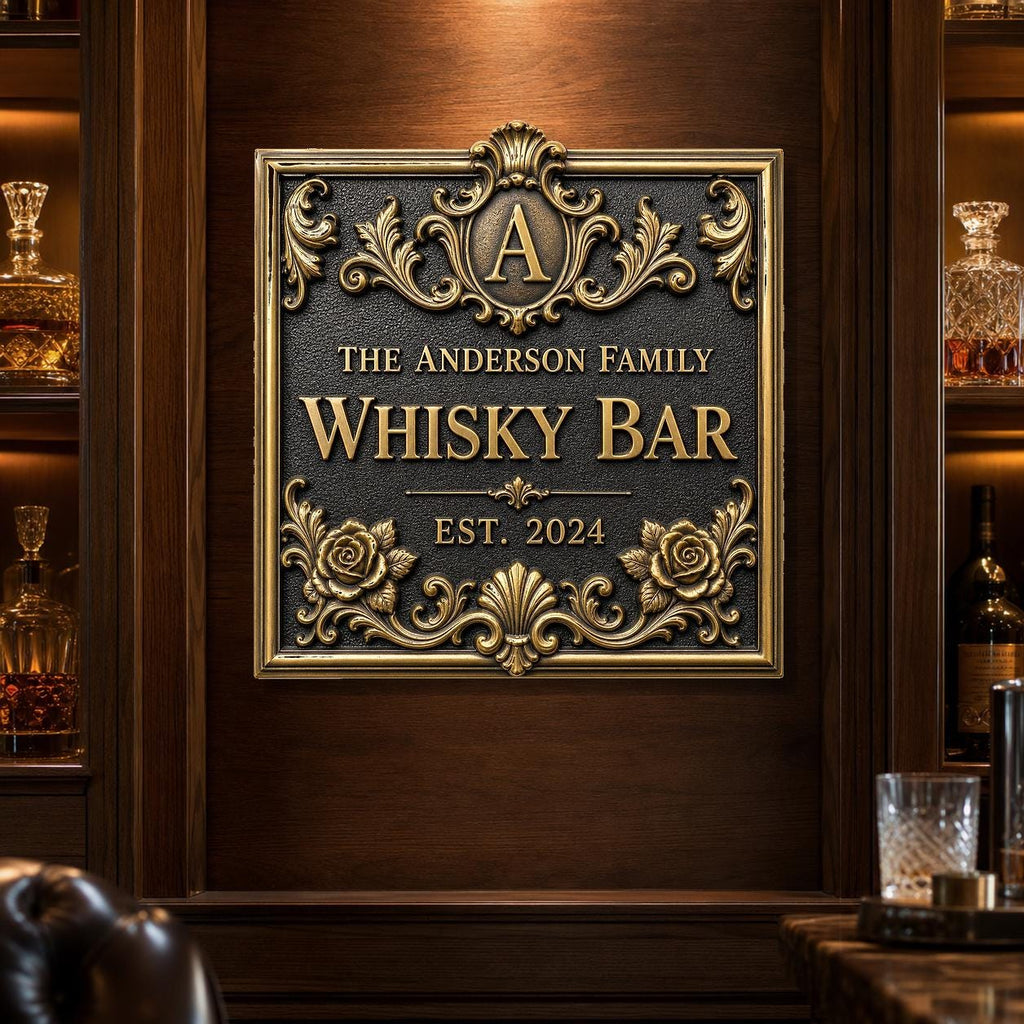 Personalised Home Bar Sign | Antique Brass Whisky Plaque | Custom Wall Decor