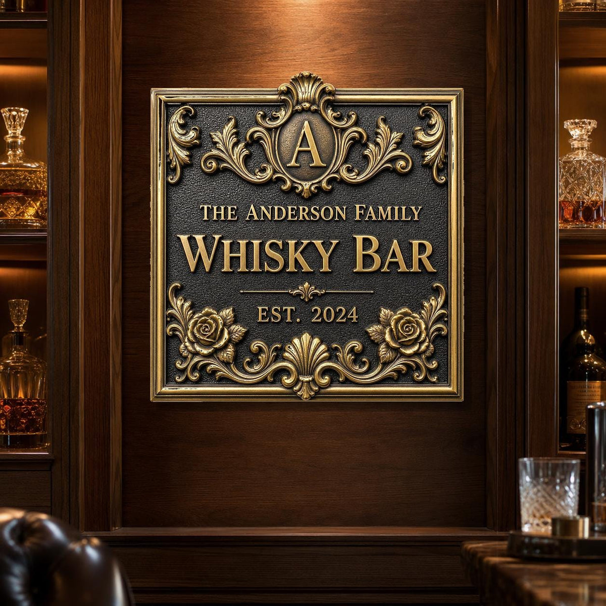 Personalised Home Bar Sign | Antique Brass Whisky Plaque | Custom Wall Decor