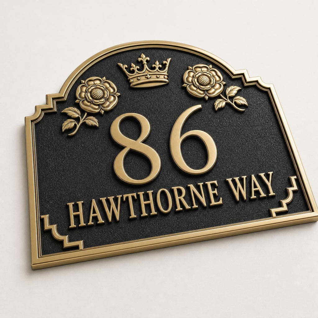 Crown and Rose Address Plaque in Antique Brass