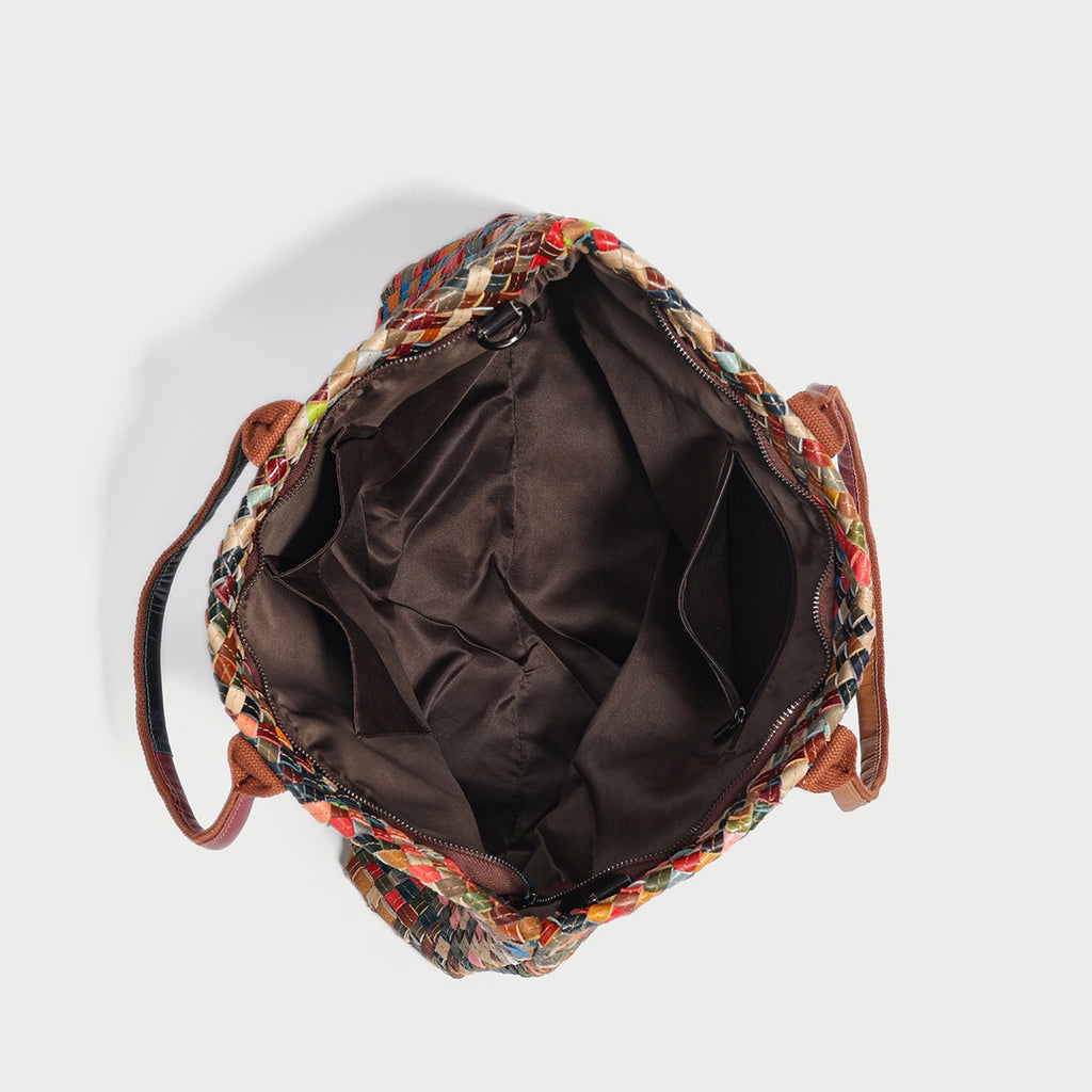 Flamboyant Multicolor Woven Leather Tote Bag – French-Chic Cowhide Braided Shoulder & Crossbody - Totes at Dealshubindia