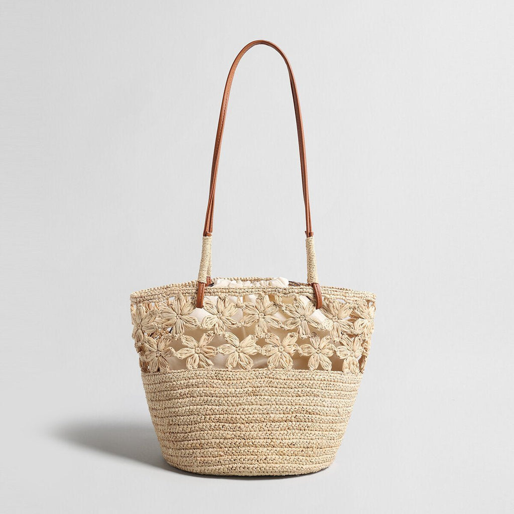 Floral Crochet Woven Straw Tote Bag – Marte Grass Leather Trim Shoulder Bag - Totes at Dealshubindia