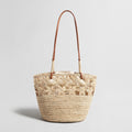 Floral Crochet Woven Straw Tote Bag – Marte Grass Leather Trim Shoulder Bag - Totes at Dealshubindia