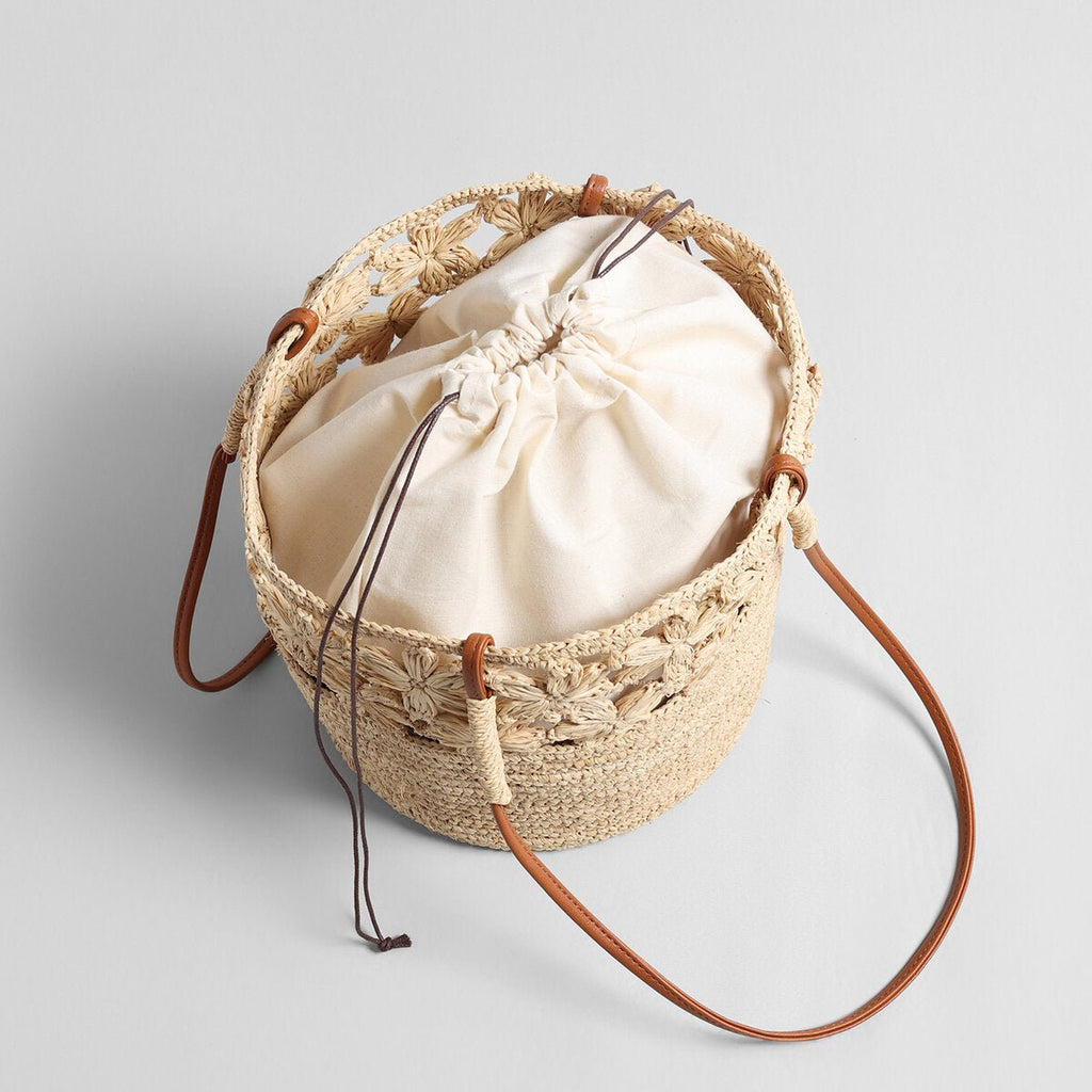 Floral Crochet Woven Straw Tote Bag – Marte Grass Leather Trim Shoulder Bag - Totes at Dealshubindia