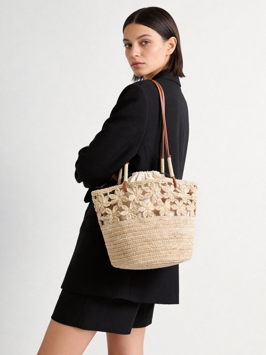 Floral Crochet Woven Straw Tote Bag – Marte Grass Leather Trim Shoulder Bag - Totes at Dealshubindia
