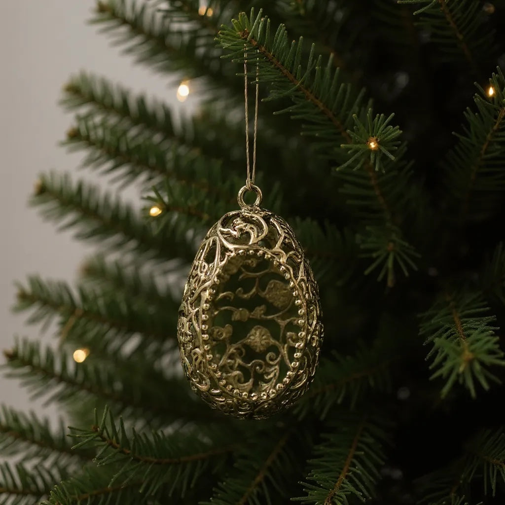 Floral Egg Christmas Ornament | Metallic Tree Decoration in Gold, Silver & Antique | Set of 2 or 4
