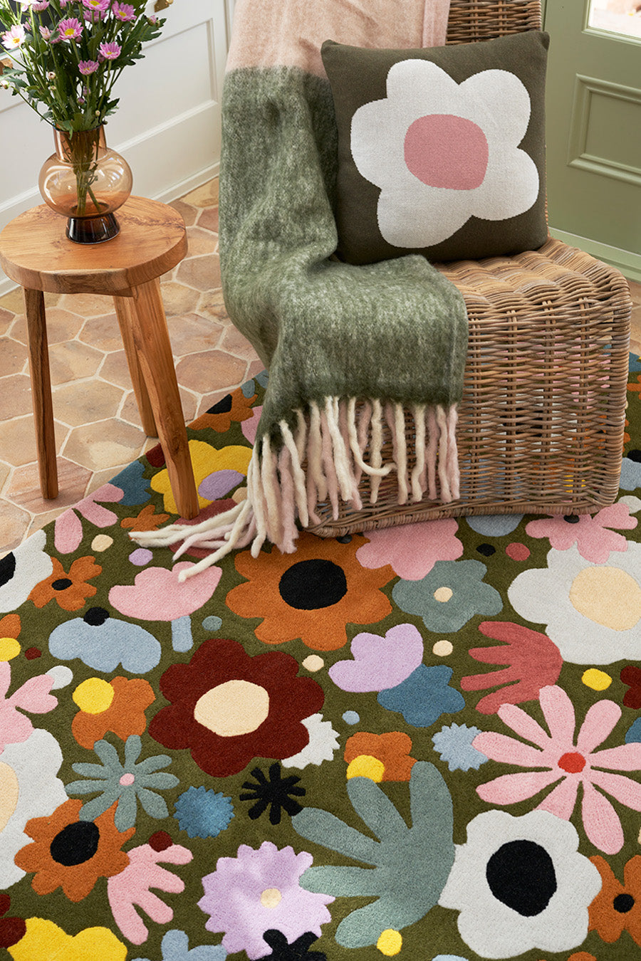 Luxury Wool Rug | Olive Green, Blush Pink & Burnt Orange | Wool | Florawhirl by Rugfine
