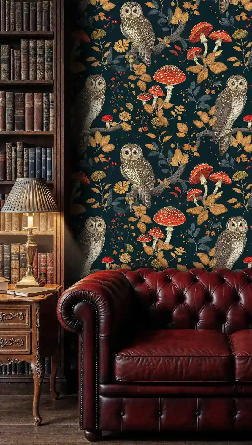 Woodland Owls and Mushrooms Wallpaper