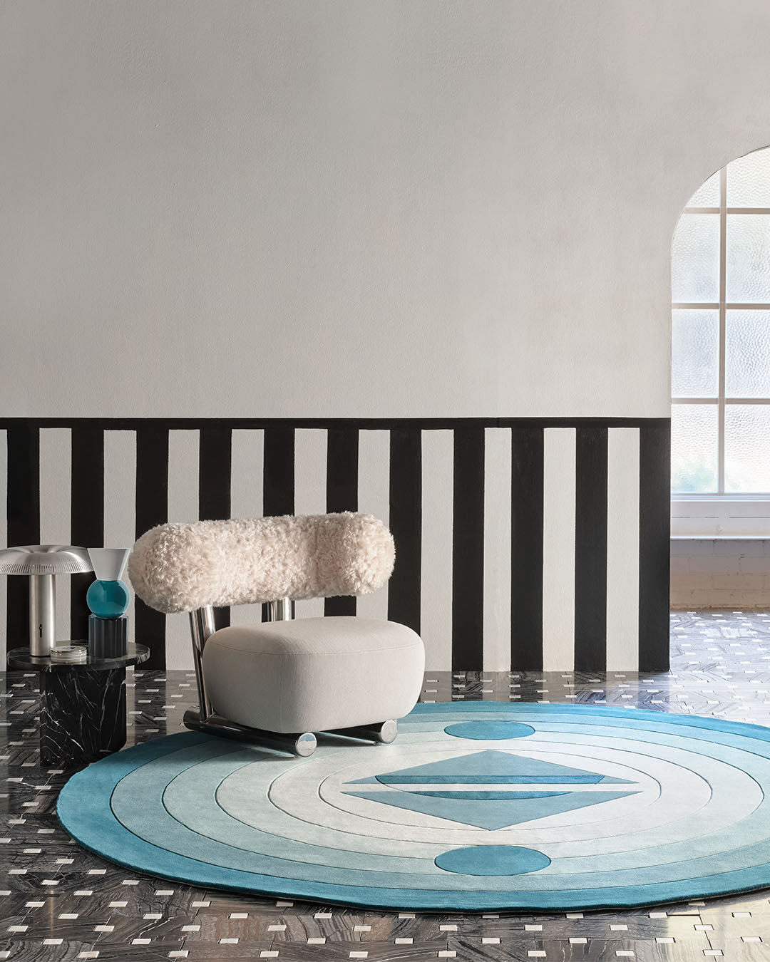 Hand Tufted Half Moon Geometric Round Wool Rug | Petrol Blue & Cream | Gerbit by Rugfine