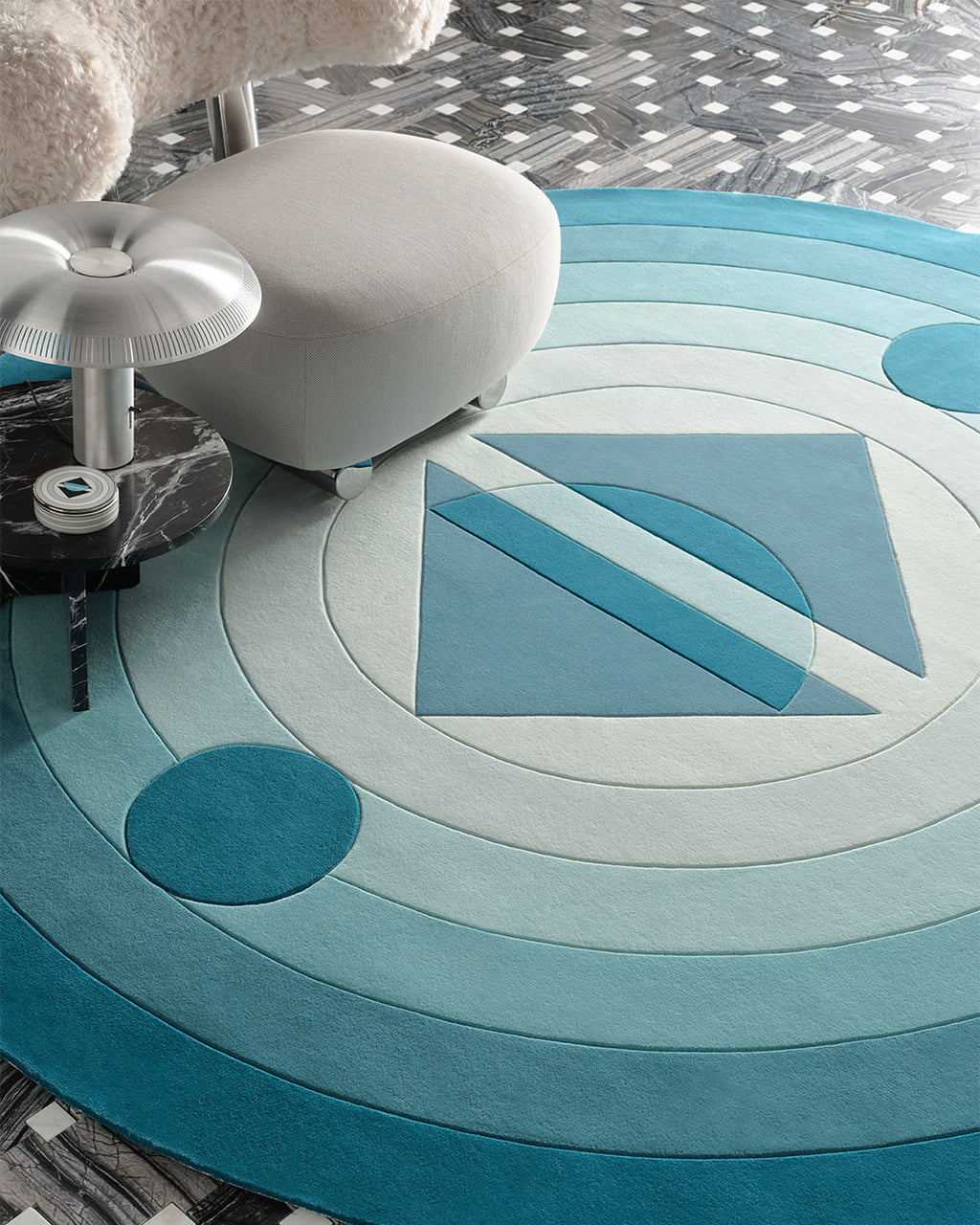 Hand Tufted Half Moon Geometric Round Wool Rug | Petrol Blue & Cream | Gerbit by Rugfine