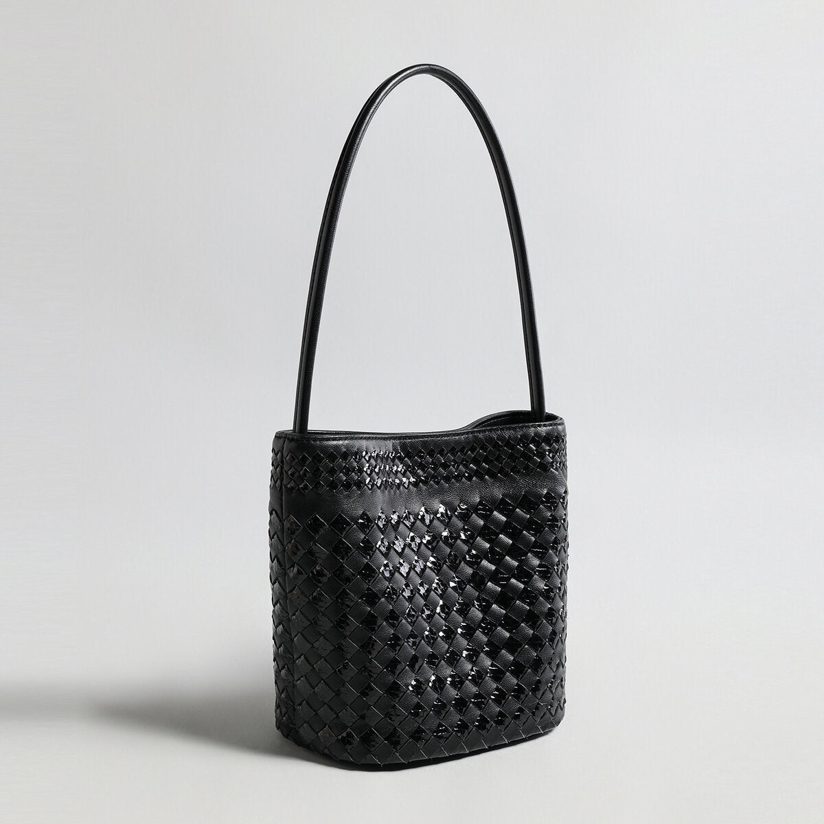 Hand-Woven Lambskin Bucket Bag – Two-Tone Intrecciato Weave with Slim Shoulder Strap - Buckets at Dealshubindia