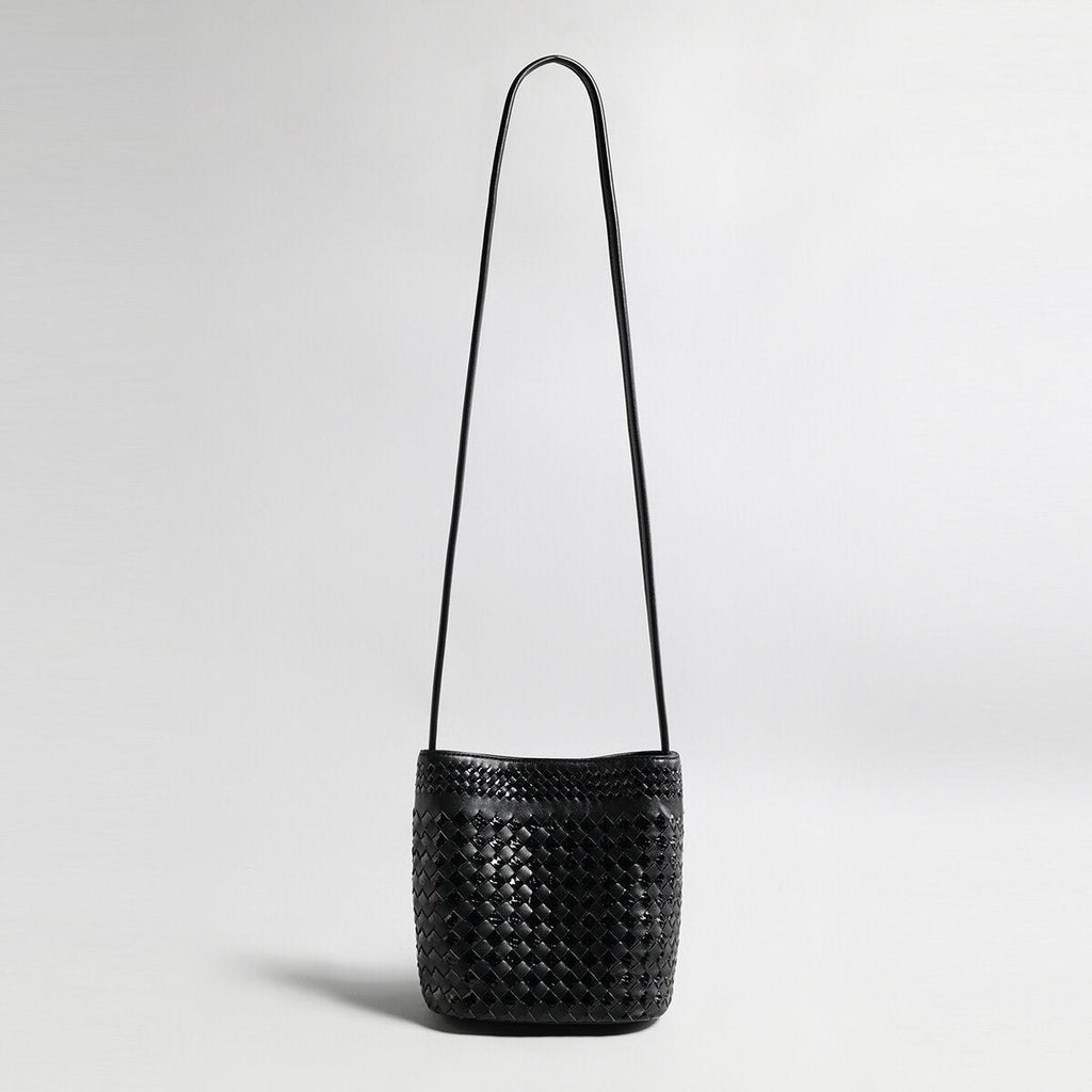 Hand-Woven Lambskin Bucket Bag – Two-Tone Intrecciato Weave with Slim Shoulder Strap - Buckets at Dealshubindia