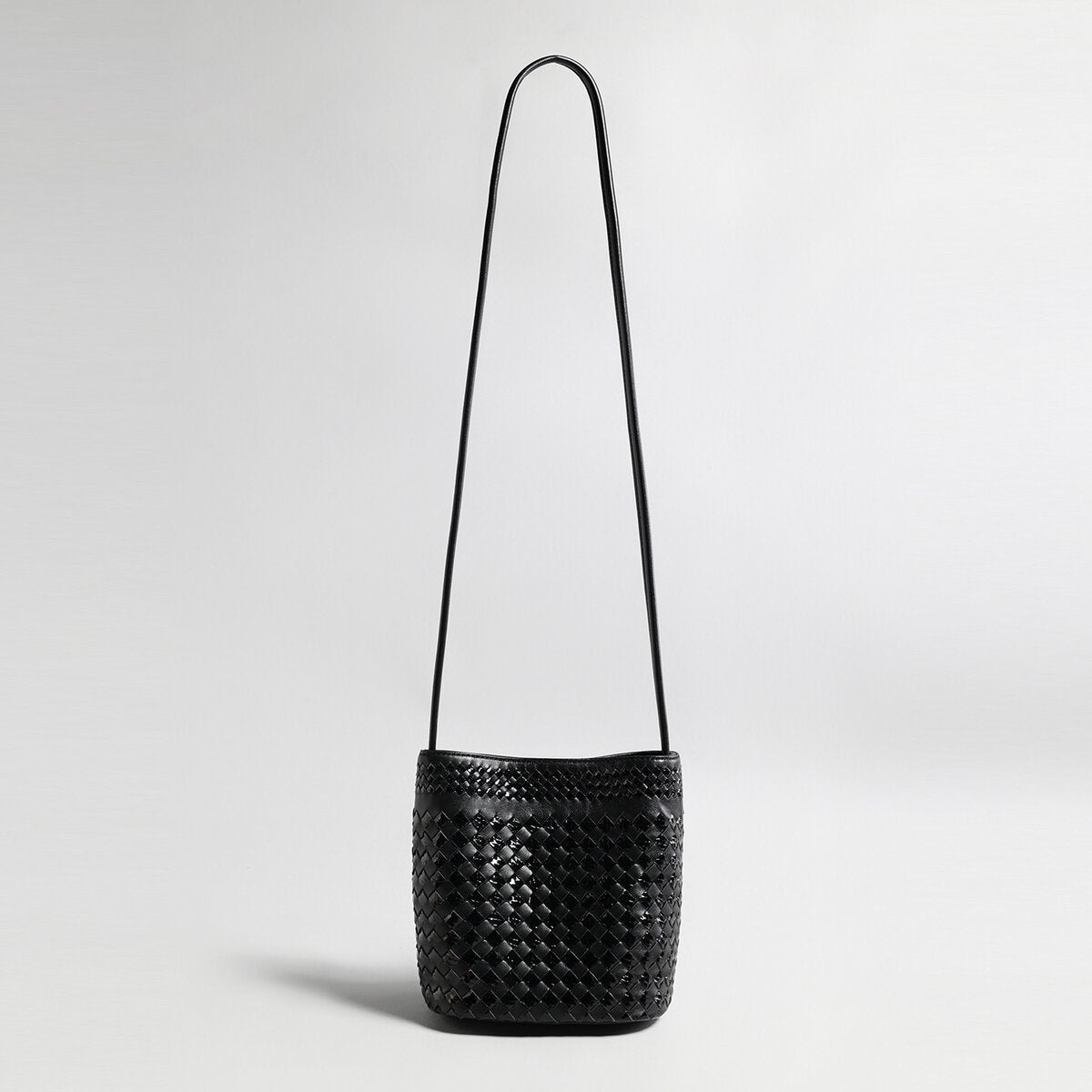 Hand-Woven Lambskin Bucket Bag – Two-Tone Intrecciato Weave with Slim Shoulder Strap - Buckets at Dealshubindia