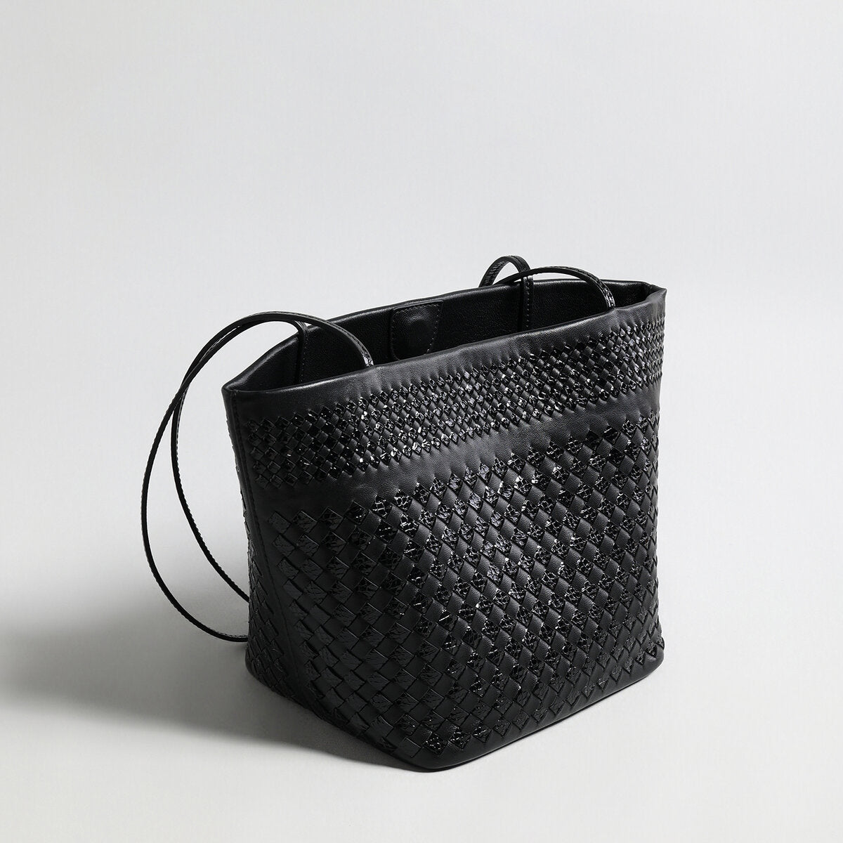 Hand-Woven Leather Tote Bag – Two-Tone Intrecciato Weave with Drawstring Inner Pouch - Totes at Dealshubindia