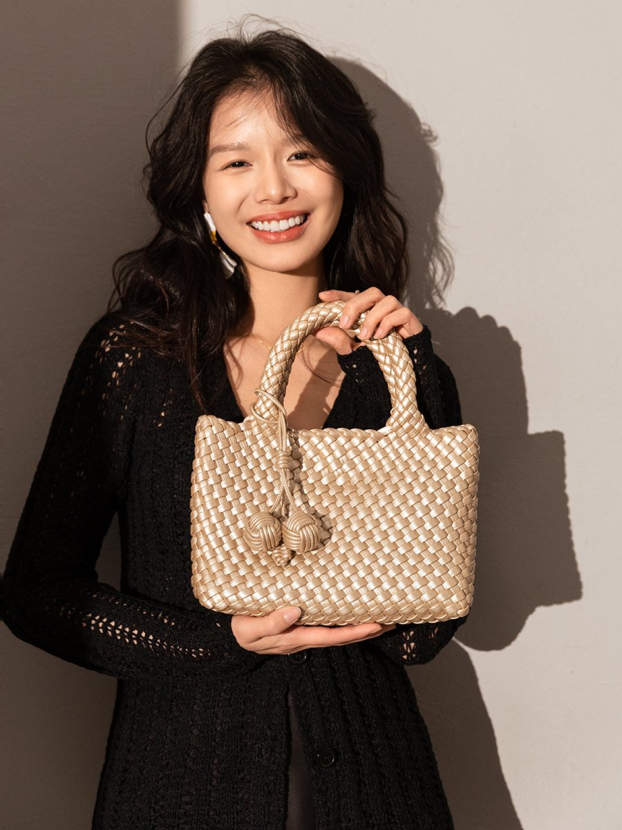 Happy Mini Woven Leather Top Handle Bag – Artisan Handwoven Structured Mini Tote with Knotted Charm - Top Handles at Dealshubindia