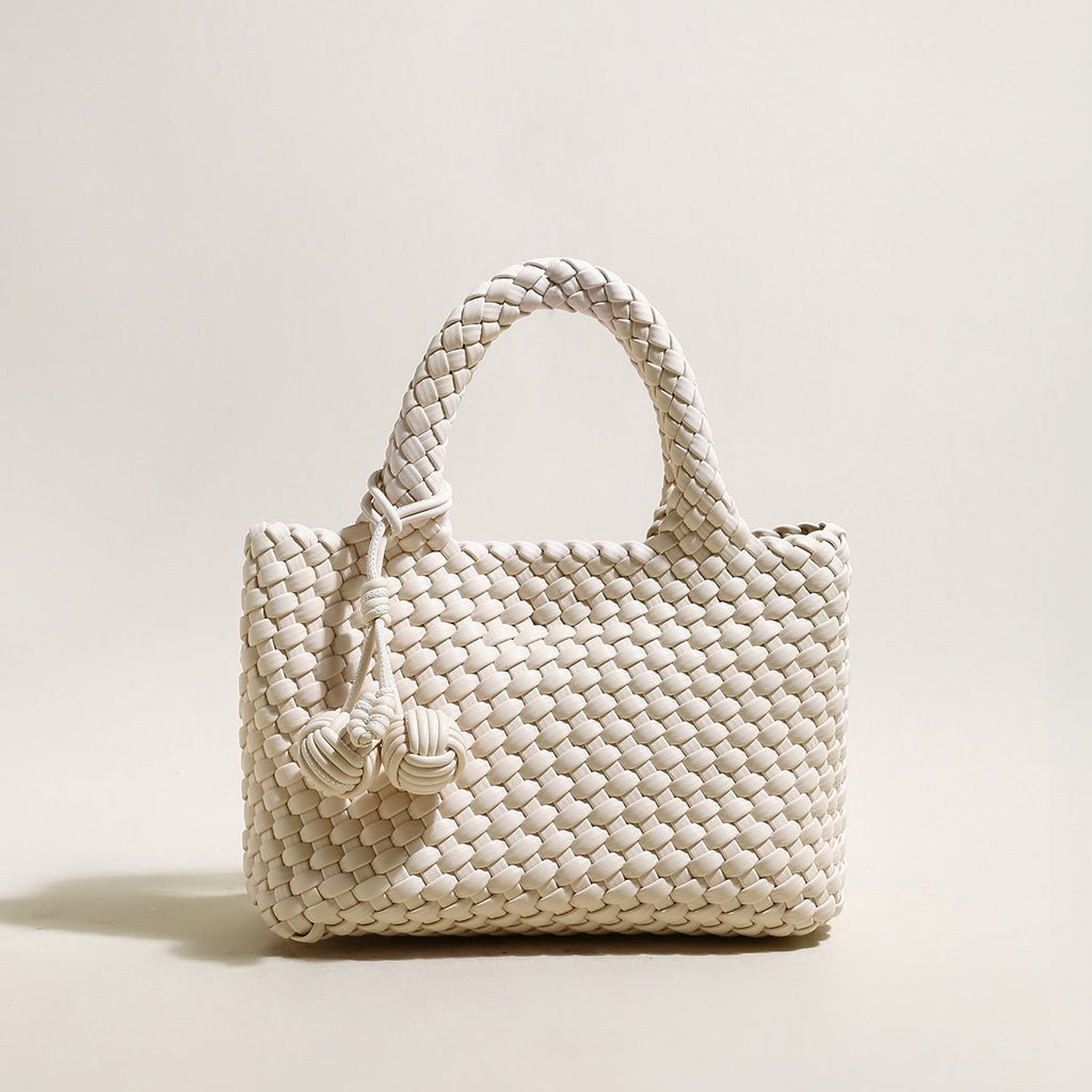 Happy Mini Woven Leather Top Handle Bag – Artisan Handwoven Structured Mini Tote with Knotted Charm - Top Handles at Dealshubindia