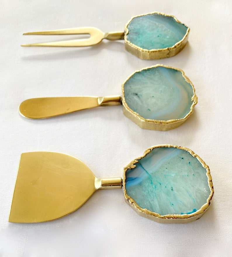 Aqua Agate Cheese Knives with Round Handles-2