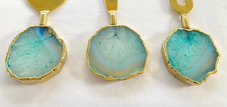 Aqua Agate Cheese Knives with Round Handles-1
