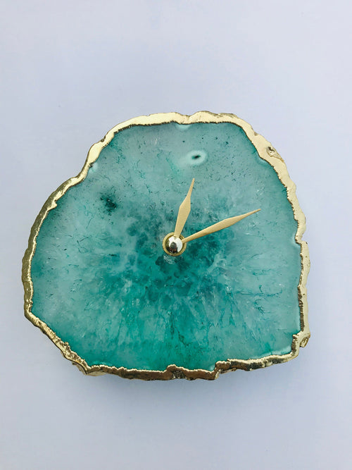 Turquoise aqua agate desk or wall clock with gold-tone clock hands on gold base