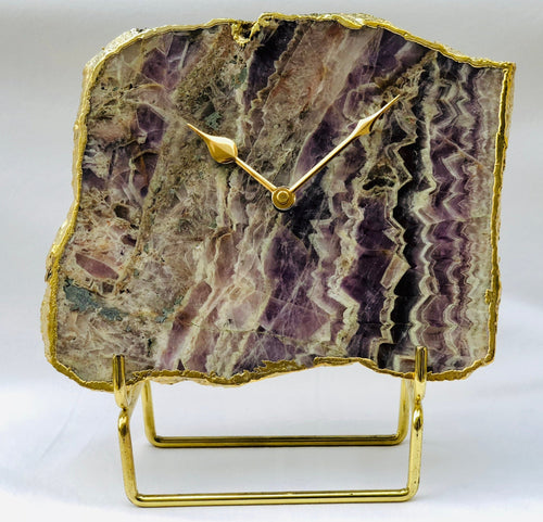 Amethyst wall/desk clock with purple stone face, gold-tone hands, desk stand