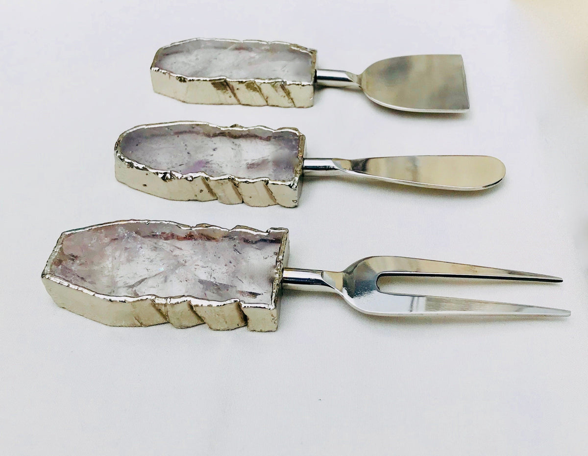 Set of 3 Clear Quartz Agate Cheese Knives/Spreaders