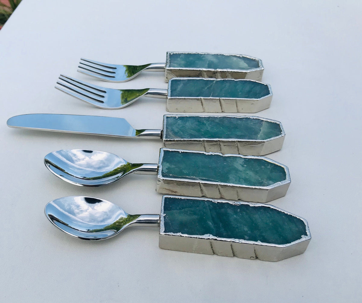 Set of 5 Pieces Green Agate Cutlery