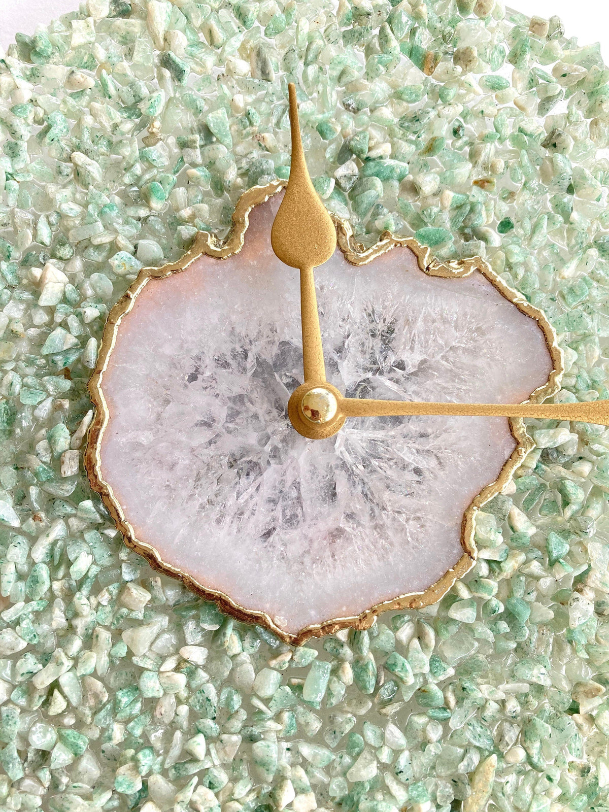 White Agate Wall Clock with Light Green Crystal Rim, 10 Inch-1